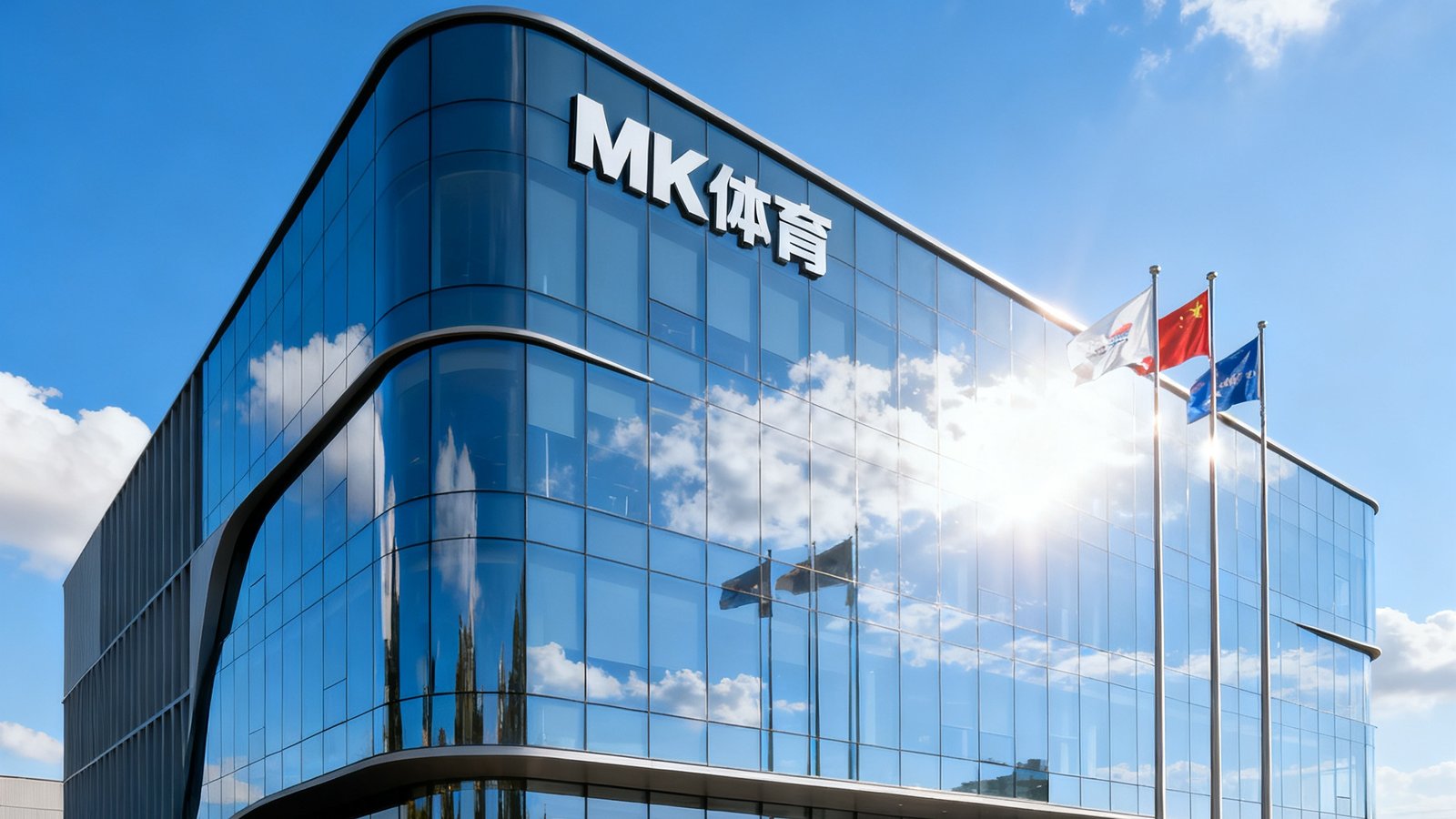MK体育上海总部办公大楼外观，现代简约风格建筑，玻璃幕墙映照蓝天白云，楼前旗帜飘扬